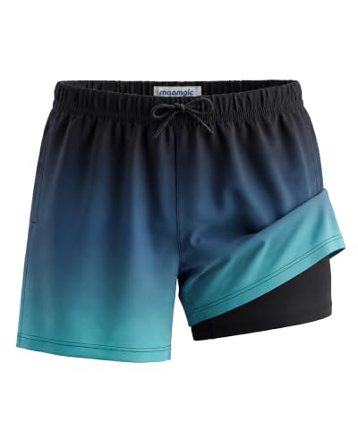 maamgic Bañador Niño con Forro 2 en 1 de Compresión y Cintura Ajustable Shorts Traje de Baño Bañador Corto de Natación Secado Rápido VÍA Multiple,Azul y Negro,10-12 años