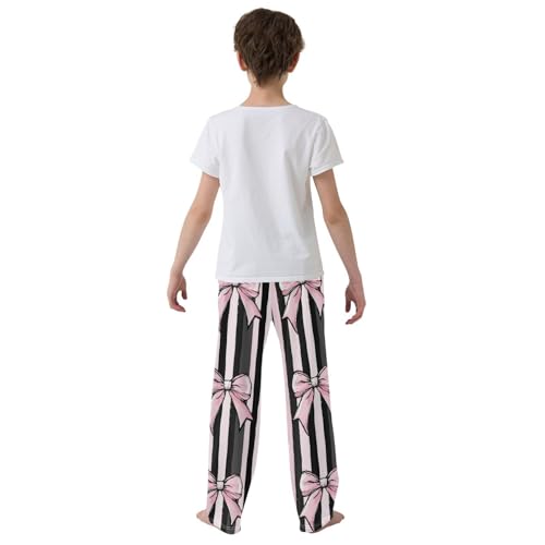 Pajama Bottoms, Ribbon Bow Pink Pajamas Pant Sleep Long Pants Black Striped Lounge Wear Elastic Waist Sleepwear Pjs3