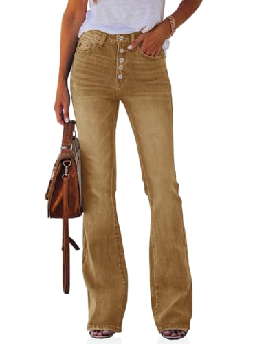 Koinshha Womens High Waisted Jeans Boyfriend Stretch Flare Casual Bootcut Denim Pants Khaki