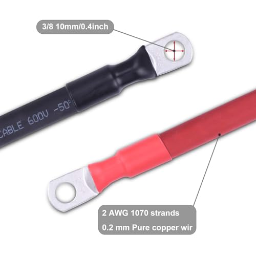 Image of 2 AWG Flexible Battery Cable with 3 /8 inch Terminals - OFC Pure Copper Inverter & Welding Wire for Automotive Solar RV Motorcycle (Red + Black 3FT Pair)
