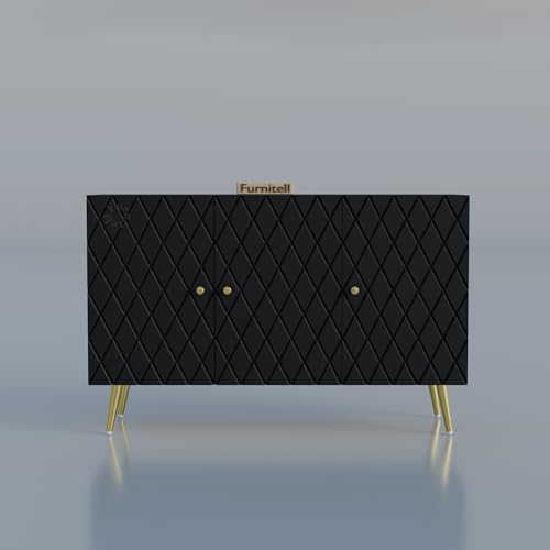 Image of Modern Wooden Storage Cabinet with 2 Doors | Geometric Design Sideboard /Cupboard for Living Room | Multipurpose Organizer for Bedroom & Entryway | HDMR Premium Wood | Gold Metal Legs(Black)