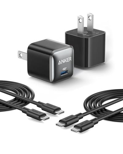 Anker Nano Charger, 2-Pack 20W Compact Fast Charger with PowerIQ Technology, for iPhone 15/15 Plus / 15 Pro / 15 Pro Max, Galaxy, Pixel 4/3, iPad, and More (2 USB-C Cables Included)