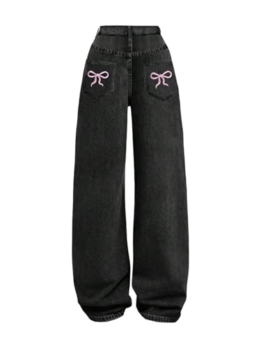 GORGLITTER Girl's Bow Jeans Elastic High Waisted Wide Leg Denim Pants with Pockets
