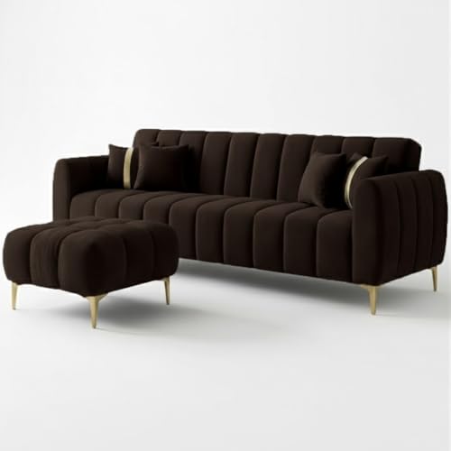 Image of CASASTYLE Hanster 4 Seater L Shape Sofa Set with Movable Ottoman | Flexible Left or Right Layout | Cozy Velvet Fabric | Soft Touch Seating with Golden Legs | Sofa for Living Room (Dark Brown)