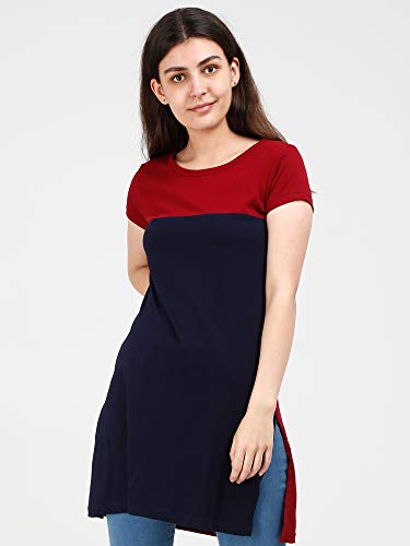 Image of FLEXIMAA Women's Cotton Round Neck Color Block Half Sleeve Long Top