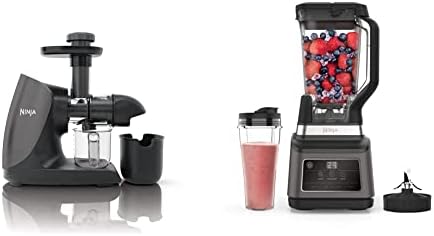 Ninja Cold Press Juicer [JC100UK] Slow Juicer, Masticating Juicer, Total Pulp Control, 500ml, Grey/Black & 2-in-1 Blender with Auto-iQ (BN750UK) 1200 W, 2.1 Litre Jug, 0.7 Litre Cup, Black/Silver