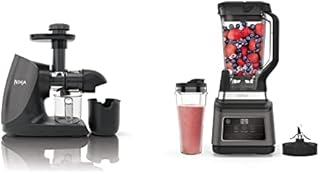 Ninja Cold Press Juicer [JC100UK] Slow Juicer, Masticating Juicer, Total Pulp Control, 500ml, Grey/Black & 2-in-1 Blender with Auto-iQ (BN750UK) 1200 W, 2.1 Litre Jug, 0.7 Litre Cup, Black/Silver