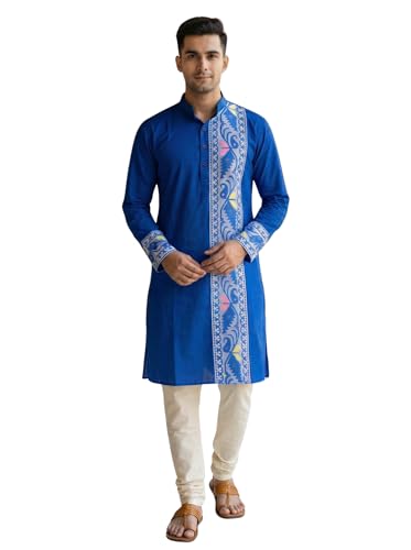 Image of Men's Jamdani Printed Kurta Pajama Set | Pure Cotton Ethnic Kurta with Mandarin Collar & Dupion Silk Pyjama | Festive & Weddings 303A12A 303SB12B(M XXL)