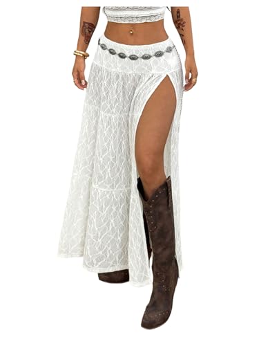 Women's Y2K Boho Lace Maxi Skirts Split Thigh Low Rise Long Skirts Country Cowgirl Outfits