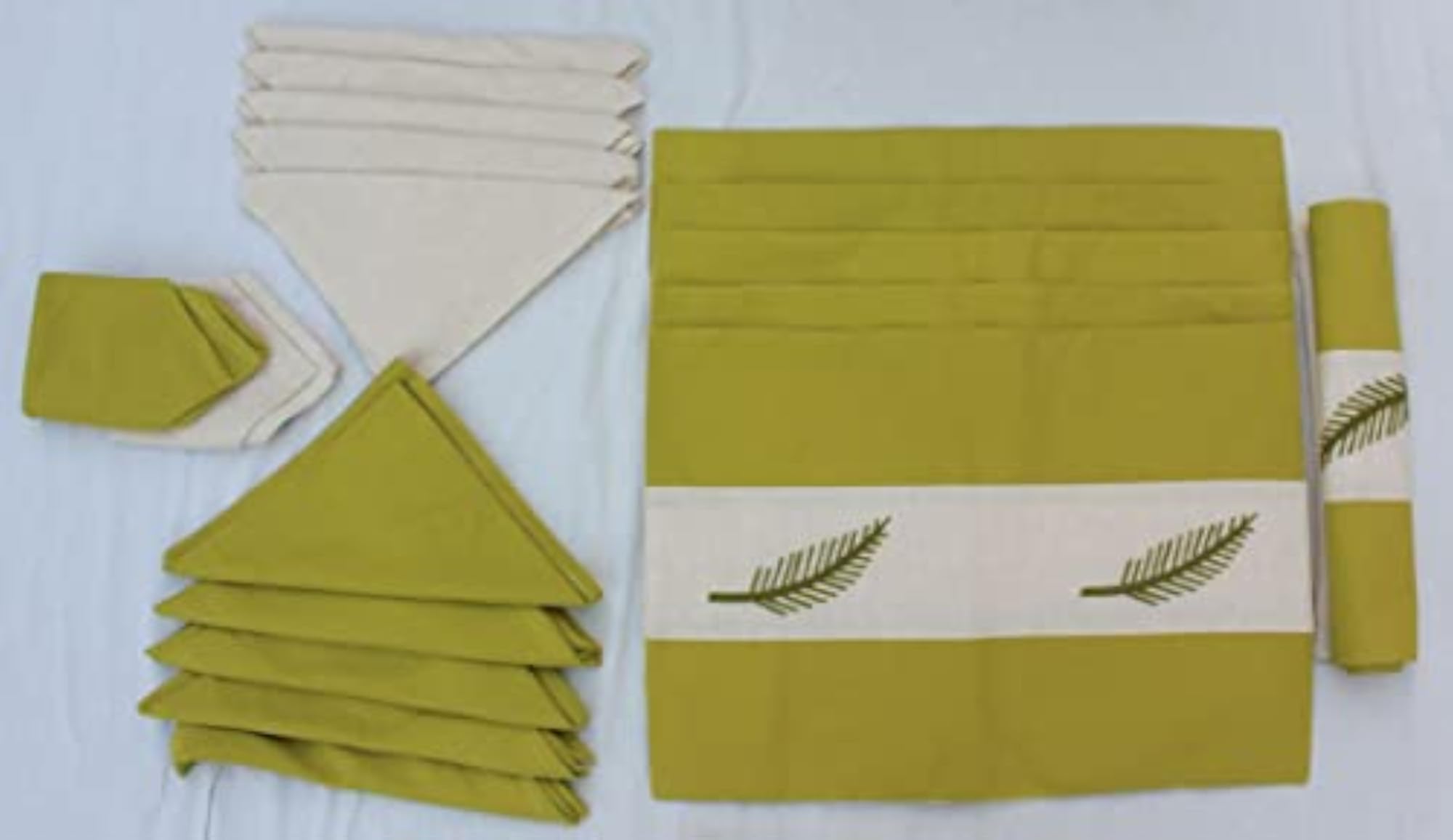 Cotton Adornado Leaf Embroidery Rectangle Table Cover with Place Mat & Napkins