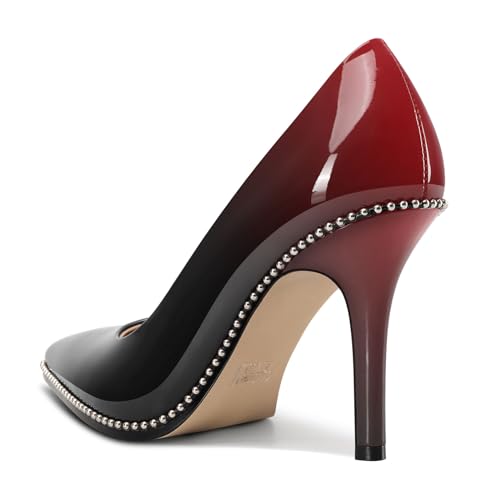 Image of TNYNFBEB Womens Stiletto Mid Heel Pointed Toe Pumps Slip-on Sliver Beaded Prom Wedding Dress Basic Classic Patent Leather 3.5 Inches Heels