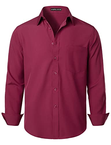 PARKLEES - Camisa de vestir para hombre, ajuste estándar, de un solo color, resistente a las arrugas, de manga larga, estilo casual, para negocios, con botones, camisas con bolsillo, marrón castaño