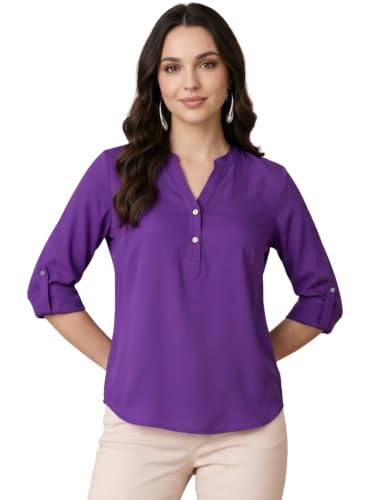 Image of FYLTR Women's Casual Roll -Up Sleeves Rayon V-Neck Top - Western Tops | Shirts for Women | Soft & Comfortable | Tops for Jeans