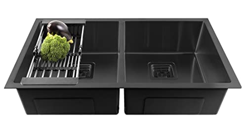Image of Fossa 37 inchx18 inchx10 inch Double Bowl Premium Handmade Stainless Steel Kitchen Sink | Deep Bowl, Scratch-Resistant, Rust-Proof Modular Sink for Home Kitchen - Black (Matte Finish)