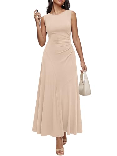 MASCOMODA Summer Casual Sleeveless Maxi Dresses for Women 2026 Spring Ruched A Line Flowy Tank Beach Vacation Long Sundress(Beige Small)