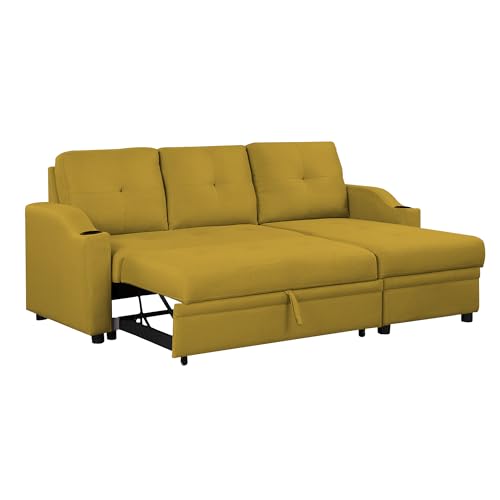 Image of Casaliving Ravonna RHS 4 Seater L Shape Corner Sofa Cum Bed for Living Room (Yellow Fabric) Premium Fabric Sofa