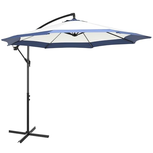 Outsunny Ombrellone da Giardino Ø3x2 m con Base a Croce, Apertura a Manovella e Presa d'Aria, Ombrellone Decentrato per Terrazza e Giardino in Metallo e Poliestere, Blu Scuro e Crema