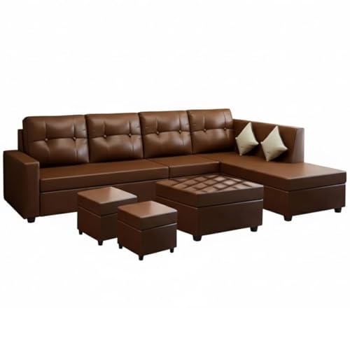 Image of FURNY Nathan 8 Seater Leatherette RHS L Shape Sofa Set with 1 Centre Table & 2 Puffy (Brown) Premium Finish | Durable Comfort | Ideal for Living Room