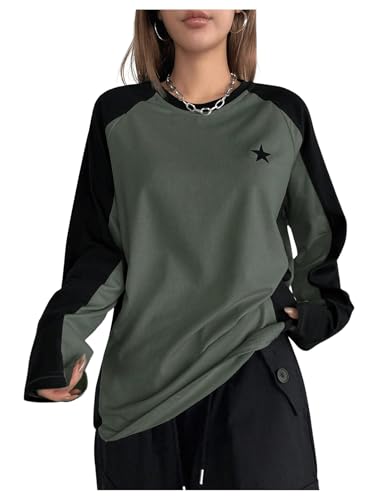 SHENHE Womens Color Block Crew Neck Star Graphic Raglan Shirt Loose Long Sleeve Tee Top Army Green