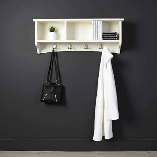 Image of Shaker Cottage 36-Inch Wall-Mounted Coat Rack with 3 Open Shelves - Transitional Entryway Organizer, Mudroom Storage Shelf with 4 Hooks - Space-Saving Wall Storage by Alaterre Furniture (Ivory)