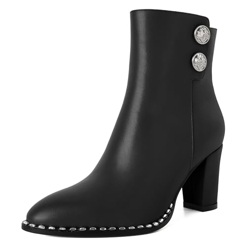 Zamikoo Ankle Boots Women Block Chunky Heel Round Toe Beaded Heel Boots Fall Short Ankle Booties Side Zipper 3 Inches Leather Black US Size 8.5