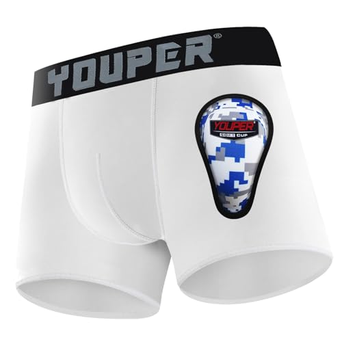 Youper Youth Elite Boxer Briefs w/Soft Athletic Cup Boys Stretch Boxer Jock for Baseball & Football (White Medium)