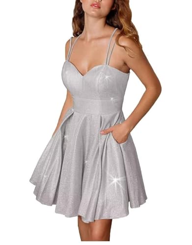 Sparkly Satin Homecoming Dresses for Teens Short Spaghetti Strap Ball Dress Glitter Cocktail Dress with Pockets PH20
