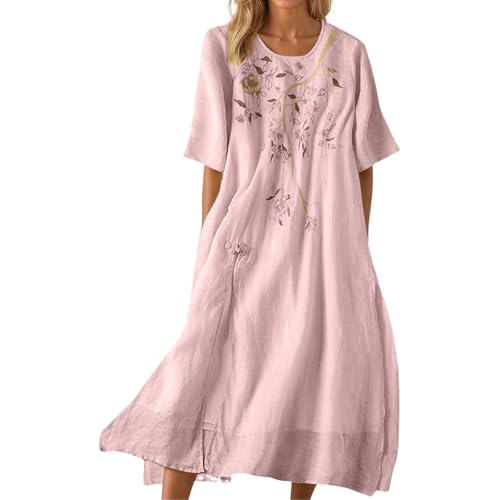 Sommerkleid Damen Leinenkleid Damen-Freizeitkleid mit floraler Stickerei für sommerliche Boho-Outfits entspannte Reiseabenteuer (L)