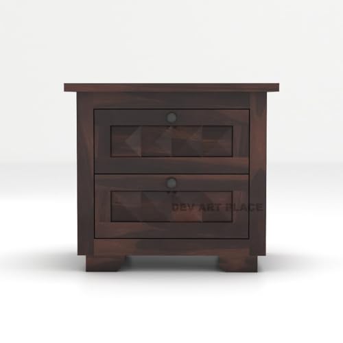 Image of Solid Sheesham Wood Bedside Table for Bedroom | Handmade Pure Wooden Bed Side Nightstand End Table with 2 Drawers Storage for Home & Bed Room | Rosewood, Walnut