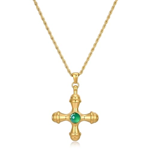 NUZON Green Agate Cross Necklace for Women 18K Gold...