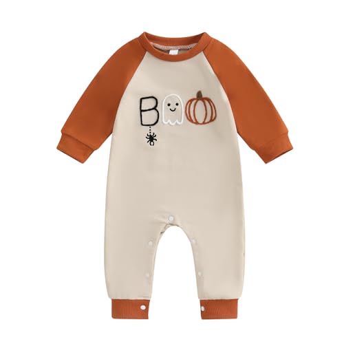 Bagilaanoe Newborn Baby Boy Halloween Outfit Pumpkin Boo Embroidery Long Sleeve Romper One Piece Jumpsuit Clothes