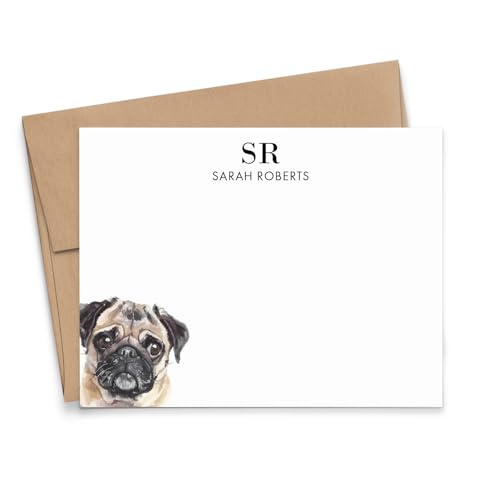 Pug Monogram Stationery Paper and Envelopes Set, Choose Your Dog Breed, FLAT Puppy Notecards With...