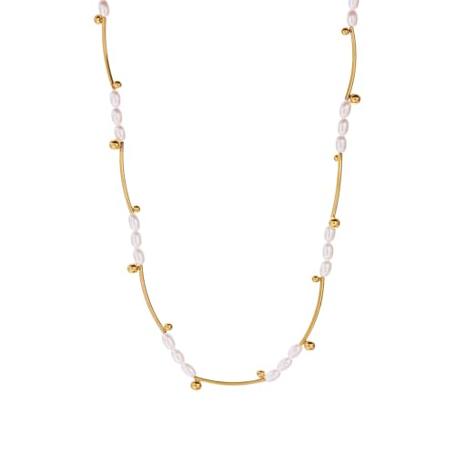 Gold Pearl Necklace for Women 18K Gold Plated Trendy Elegant Dainty Necklace Cute Pearl Delicate Chain Love Pendant Choker Fashion Wedding Aesthetic Romantic Jewelry (Chain)