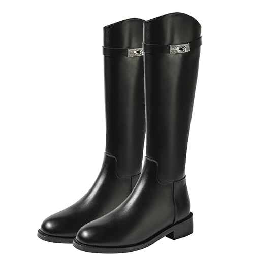 LNNLOO Botas De Equitación Ecuestres De Otoño (35 40), Botas De Equitación Con Punta Redonda, Antideslizantes + Resistentes Al Agua, Tacón Medio (3 5 Cm) + Cremallera Trasera, Para Otoño,36,Black