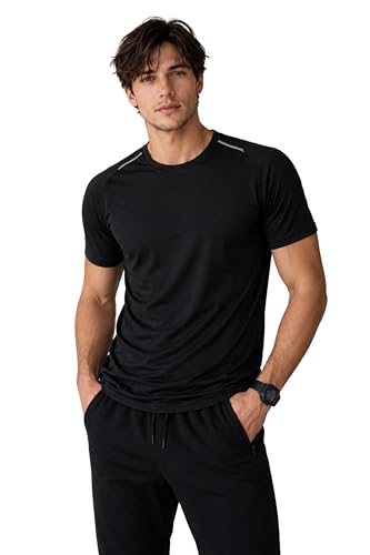 Image of Men's Black Performance T-Shirt, Quick Dry, Breathable, 2-Way Stretch, Reflective Detailing, for Running & Gym