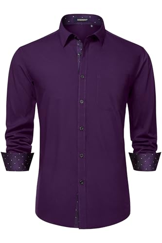 Image of HISDERN Mens Business Dress Shirts Long Sleeve Casual Button Down Shirt Formal Inner Collar Contrast Shirt for Men Wedding