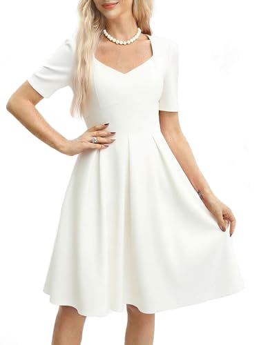 oxiuly Women's Vintage Cocktail Dresses Anniversary Graduation Umbrella Outdoor Garden Wedding Dress with Pockets, White Solid, Large