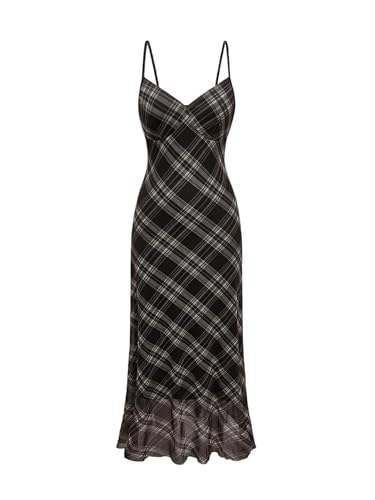 SweatyRocks Kleider Damen Elegant Karierte Trägerkleid Ärmellos Rückenfrei Freizeitkleid V Ausschnitt Spaghettiträger Langes Kleid Grau M