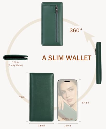 Image of Immaturus Womens Wallet RFID Blocking Slim Thin Credit Card Holder Green | Long Bifold, 11 Card Slots, Cash Purse, Zipper Coin Pocket, Travel Clutch Billfold, PU Leather, ID Window, Ladies Woman Gift