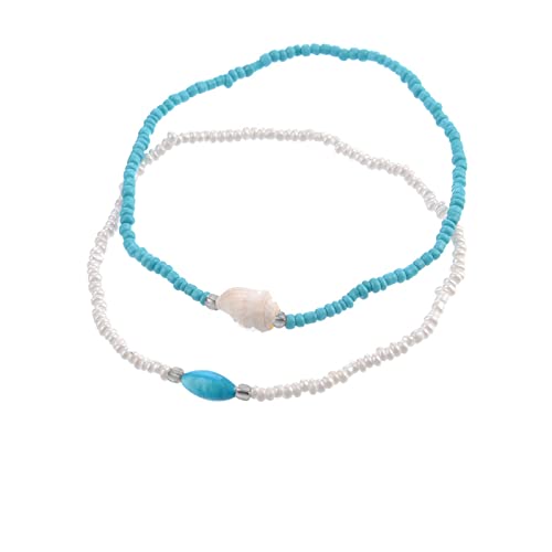 Yiendoo Handmade Beads Anklet Bracelet Boho Conch Shell Beads Anklet Ankle Chain Elastic Blue White Rice Beads Foot Chain Beach Layered Anklet 2Pcs Set Foot Jewelry Gift For Women Girls #TOP5