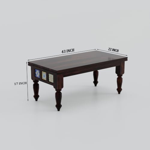 Image of Solid Sheesham Wood Center Coffee Table with 2 Cushioned Stools | Wooden Coffee Table | Space Saving Nesting Design for Living Room, Drawing Room, Hall, Bedroom, Office | Walnut Finish