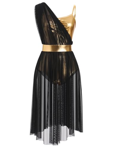 AFAVOM Damen Lyrical Dance Kostüm Glänzend Metallic Lyrical Kleid Asymmetrisch Hoch Niedrig Tüllrock Zeitgenössische Tanzkostüme, Schwarz, Klein