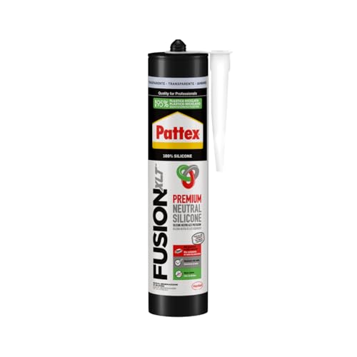Pattex Sigillante Silicone Neutro, Pattex Fusion XLT, per il Contatto Indiretto con gli Alimenti e per la Resistenza ad Agenti Chimici Disinfettanti, Sigillante Trasparente, Cartuccia da 300 ml