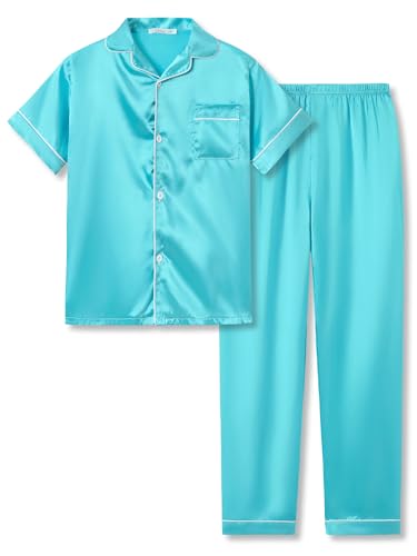 Tebbis Satin Pajamas for Girls - Neon Pink Cute Silky Short Sleeves & Pants Sleepwear PJ Set Size 6/7-16