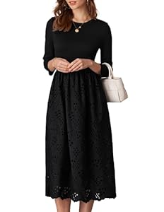Damen Kleider Elegant Festlich Sommer-Maxikleid Runder Kragen 3/4-Ärmel Damen-Frühlingskleid mit Taschen Lässiges Kleid mit Hoher Taille L Schwarz