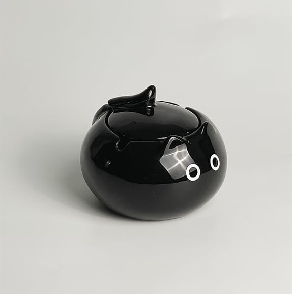 Ceramic Ashtray, Cute Decorative Ashtray with Lid for Smokers, Cat Design, Indoor Desktop Ceramic for Home/Office, Novelty Funny Present for Adults, Dustproof & Easy Clean (Black, With Lid)