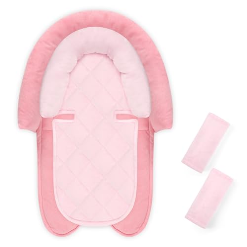 Image of Pea Pod Baby Car Seat Head Body Support & Strap Covers, 2 in 1 Infant Car Seat Insert, Reversible Soft Breathable Newborn Cushion Pads for Preemie, Perfect for Baby Carseats, Strollers, Swings (Pink)