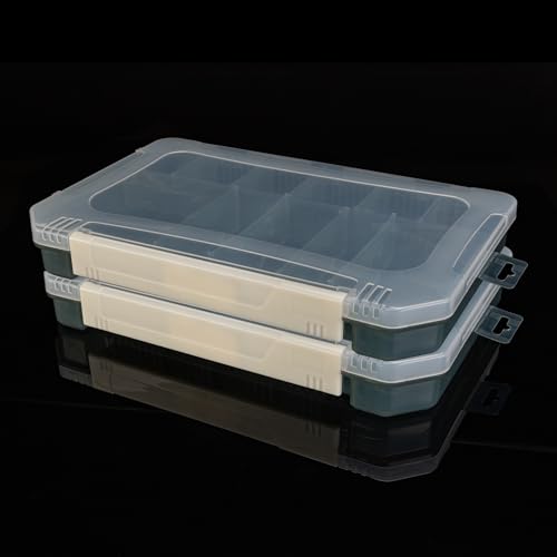 Aventik Super Large Waterproof Fishing Tackle Box – Portable DIY Insert Dividers, Sturdy PP Case for Lure & Gear Storage (13.98” x 8.86” x 1.89”) (2 Compartments + 1 Open Section)