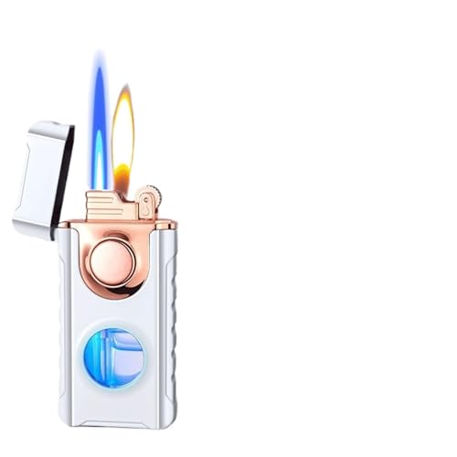 Encendedor con interruptor de llama abierta de adición directa, encendedor de doble llama de metal a prueba de viento con ventana de aire visible, llama suave ajustable y llama azul, recargable con bu