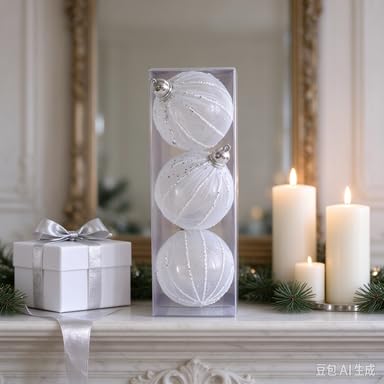 3Pcs 3.2" Durable Shatterproof Baubles Christmas Ornaments for Tree Decor (White) - image 6